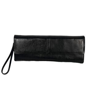 Alfani Black Leather 12” Magnet Clasp Multi Pocket Wristlet Wallet Clutch Bag